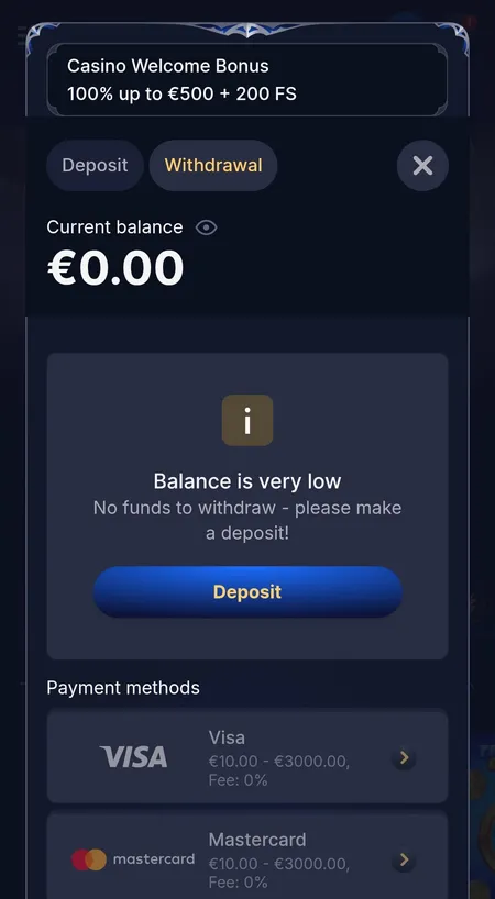 Cazeus withdrawal screen showing balance warning and Visa limits