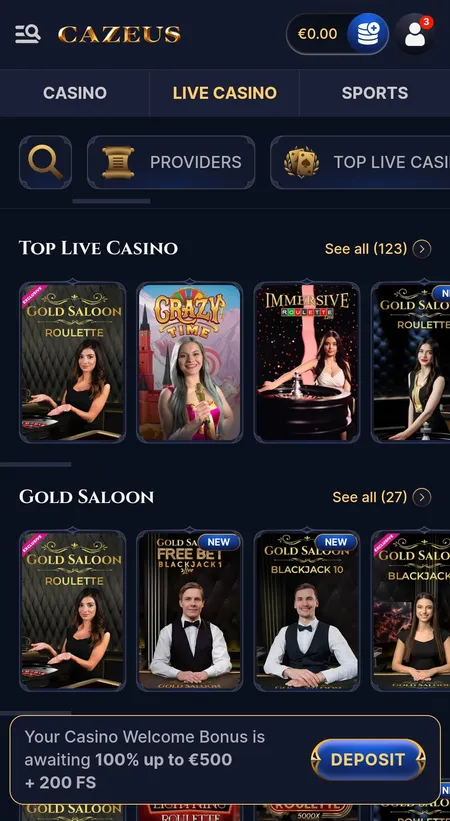 Cazeus live casino mobile lobby with roulette and game shows