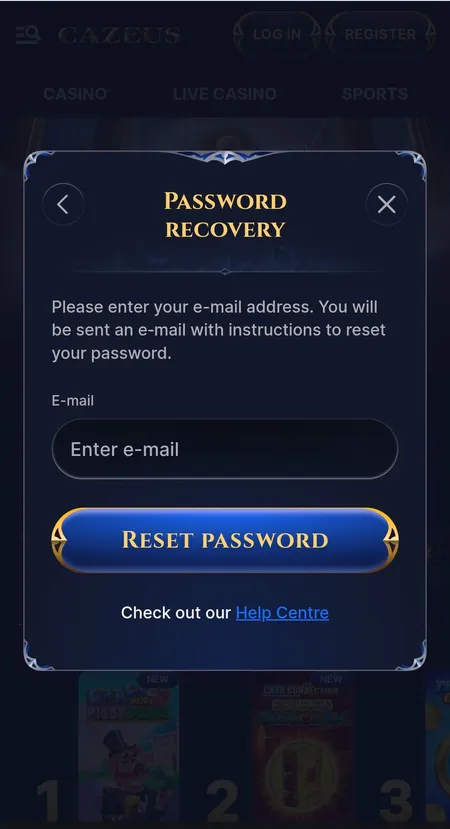 Cazeus password recovery screen
