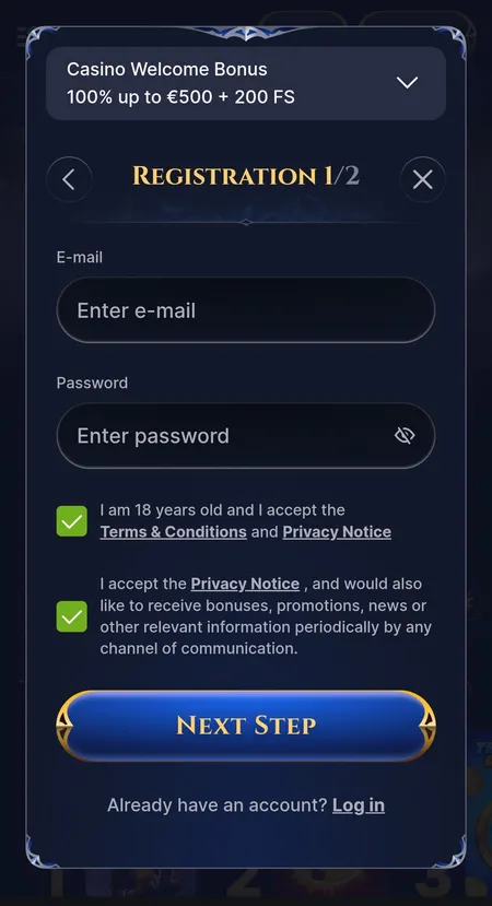 Cazeus Casino registration form step 1