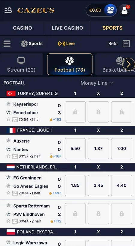 Cazeus live sports betting with Money Line markets